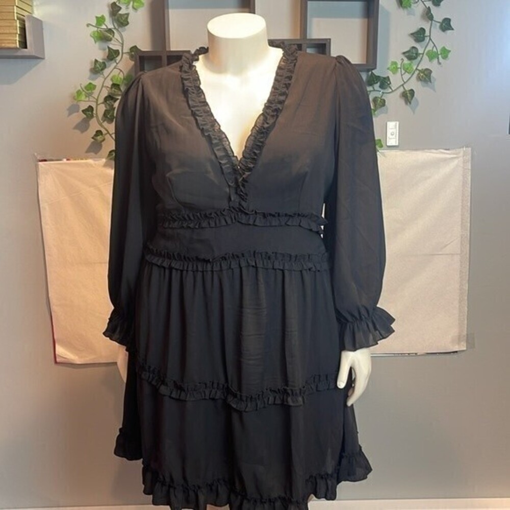 Boho Balloon Sleeve Button Back Ruffle Long Sleeve Black‎ Dress Size XL